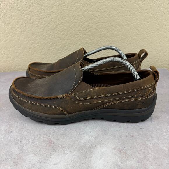 Skechers Superior Gains Brown Leather Slip On Shoes Loafer 63697 Mens Size 12 - Picture 2 of 10